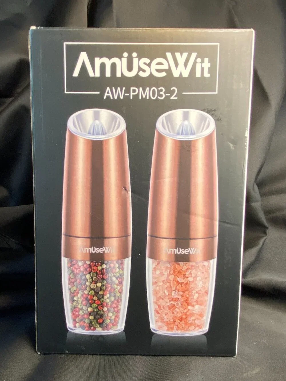 NIB AmuseWit Copper Finish Gravity Electric Salt & Pepper Grinder Set AW-PM03-2